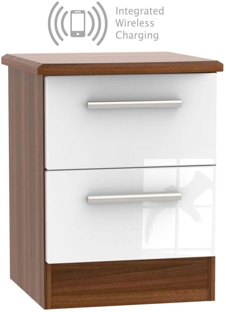 Knightsbridge 2 Drawer Bedside Cabinet With Integrated Wireless Charging High Gloss White And Noche Walnut
