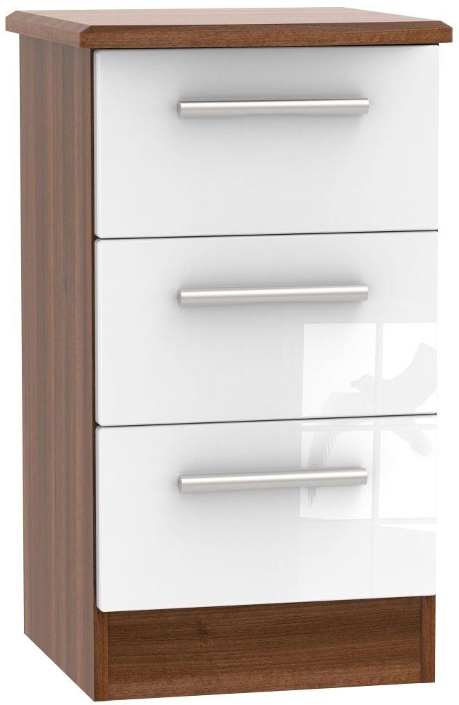 Knightsbridge 3 Drawer Bedside Cabinet High Gloss White And Noche Walnut