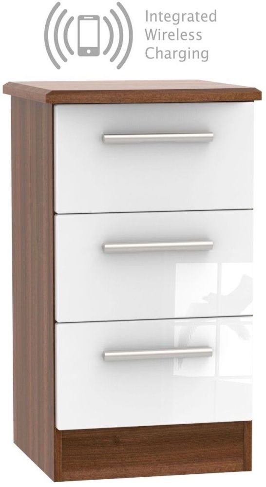 Knightsbridge 3 Drawer Bedside Cabinet With Integrated Wireless Charging High Gloss White And Noche Walnut