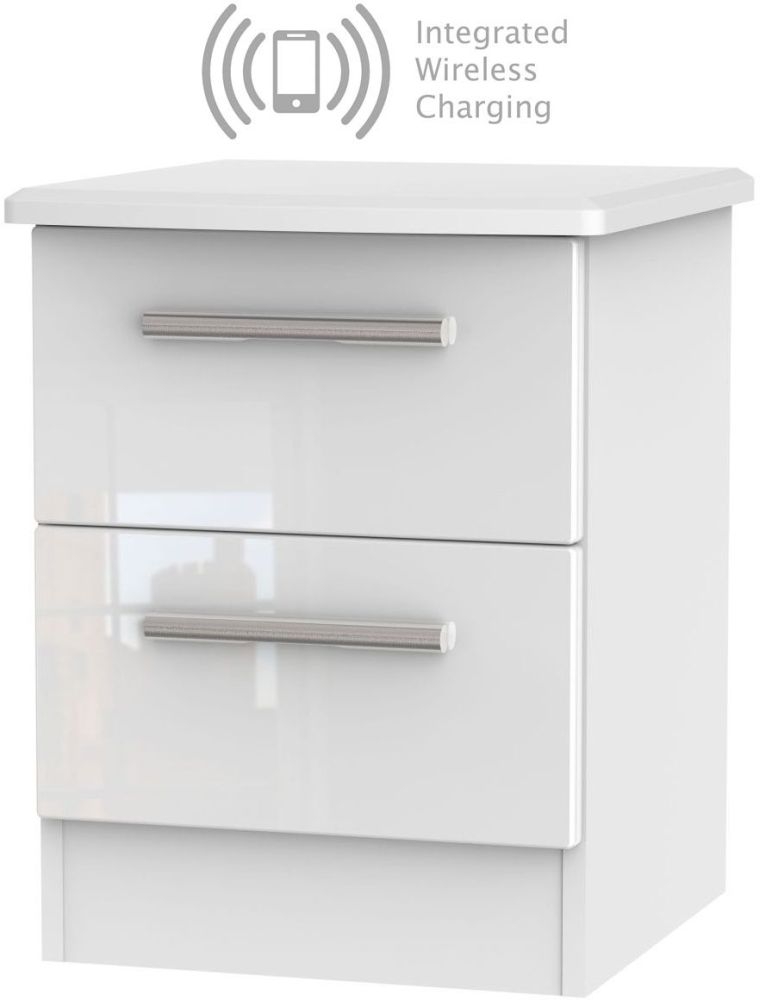 Knightsbridge High Gloss White 2 Drawer Bedside Cabinet With Integrated Wireless Charging