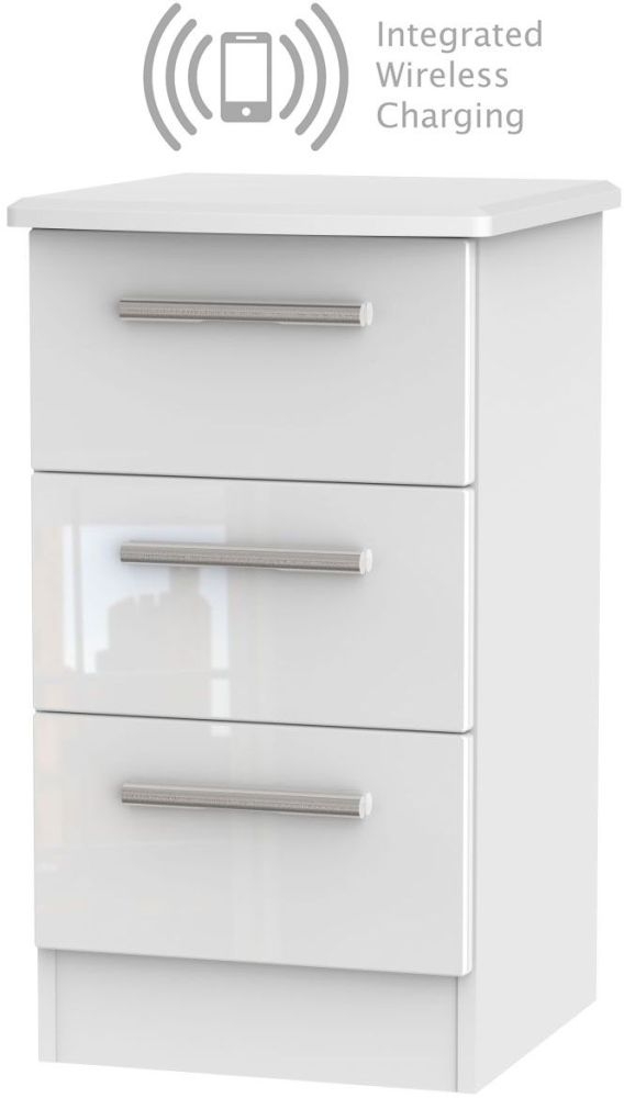 Knightsbridge High Gloss White 3 Drawer Bedside Cabinet With Integrated Wireless Charging