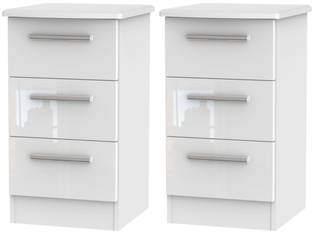 2 X Knightsbridge White 3 Drawer Bedside Cabinet Pair