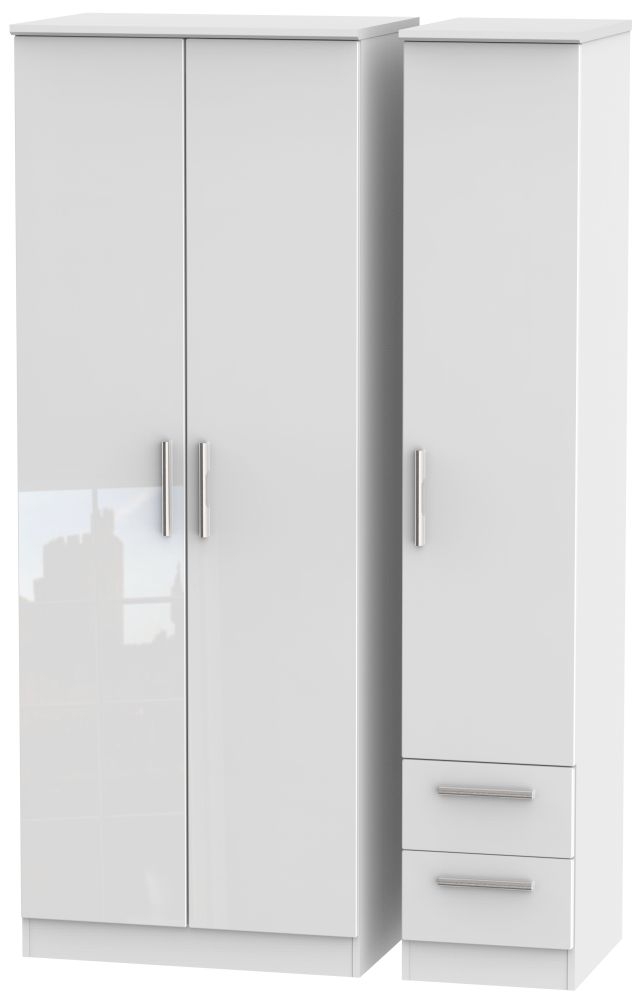 Knightsbridge High Gloss White 3 Door 2 Right Drawer Tall Wardrobe