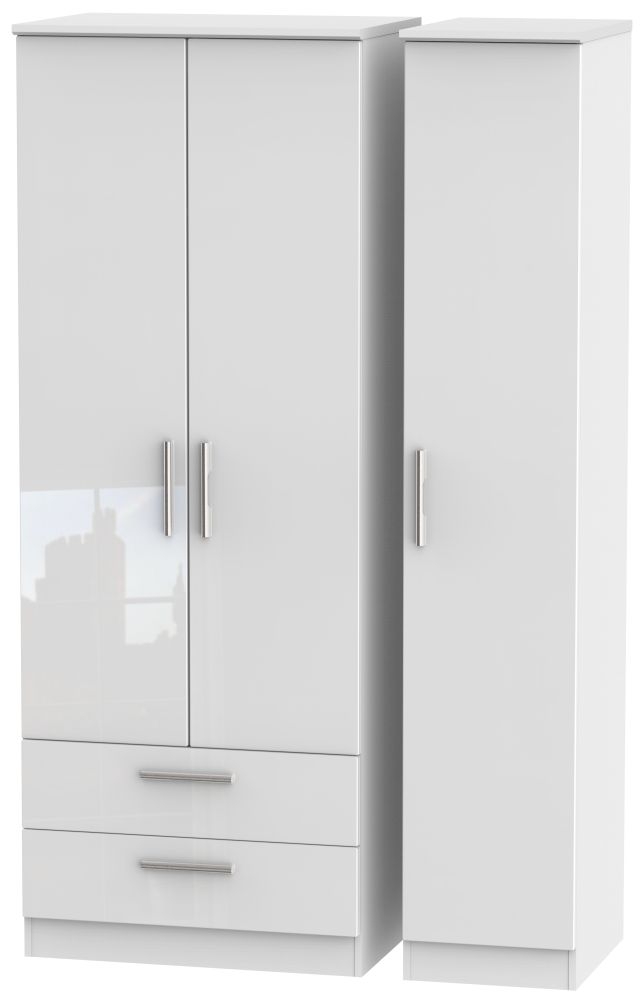 Knightsbridge High Gloss White 3 Door 2 Left Drawer Tall Wardrobe