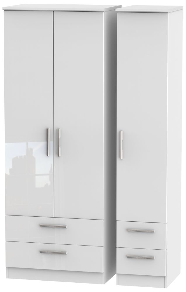 Knightsbridge High Gloss White 3 Door 4 Drawer Tall Wardrobe