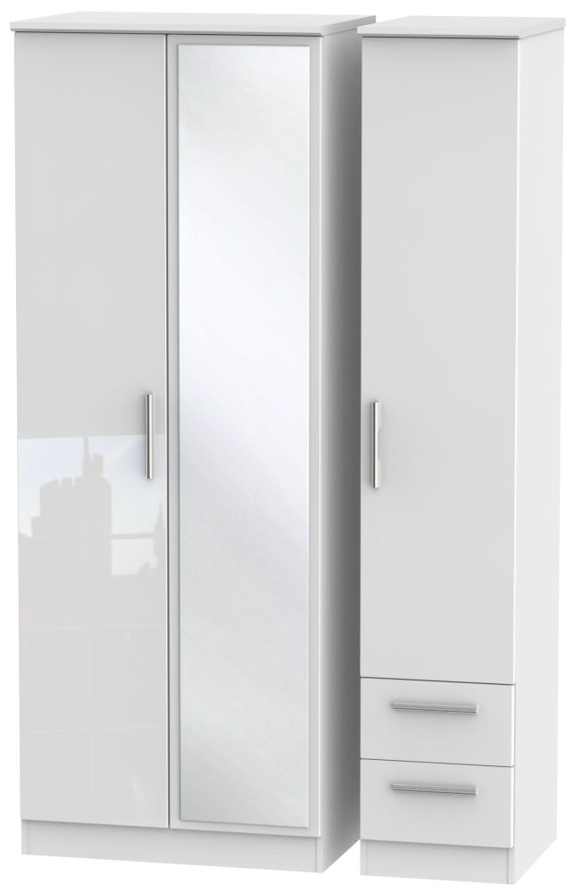 Knightsbridge High Gloss White 3 Door 2 Right Drawer Tall Combi Wardrobe