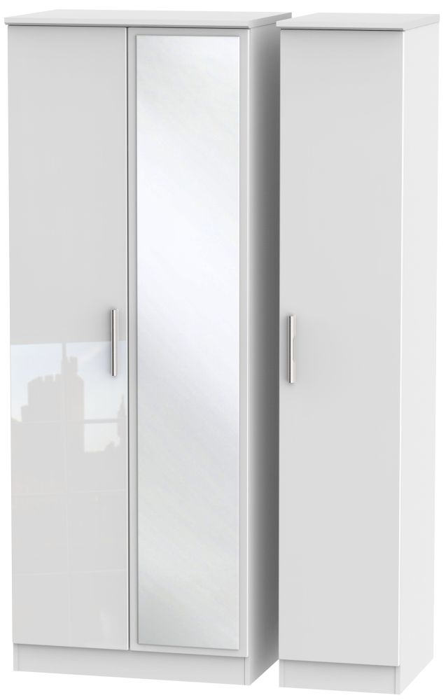 Knightsbridge High Gloss White 3 Door Tall Mirror Wardrobe