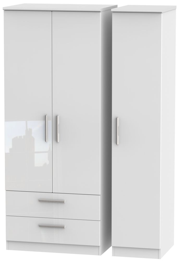 Knightsbridge High Gloss White 3 Door 2 Left Drawer Wardrobe