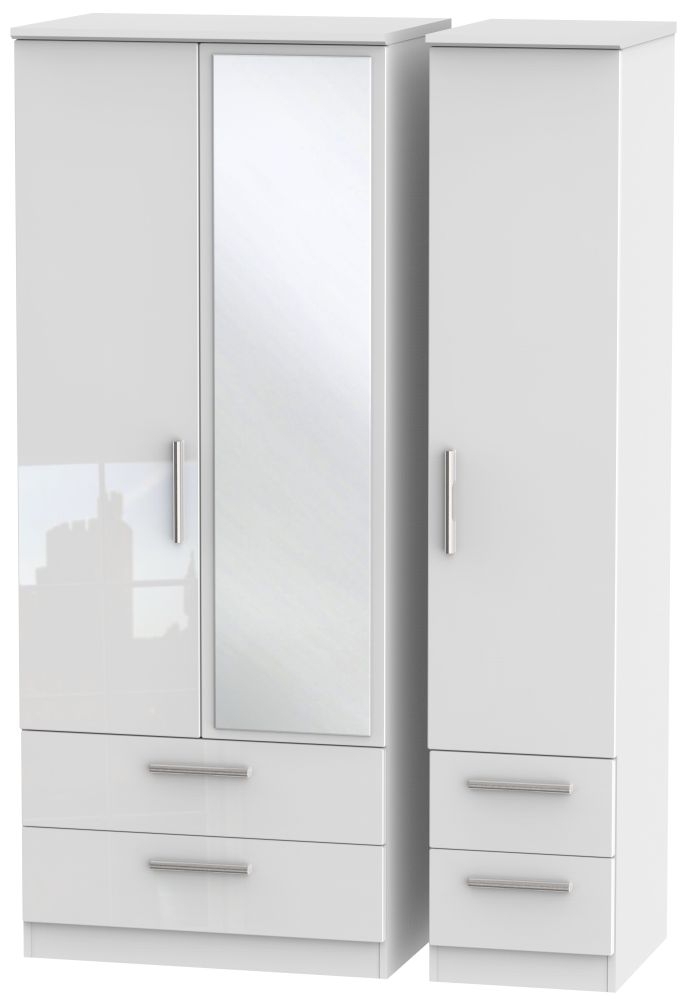 Knightsbridge High Gloss White 3 Door 4 Drawer Combi Wardrobe