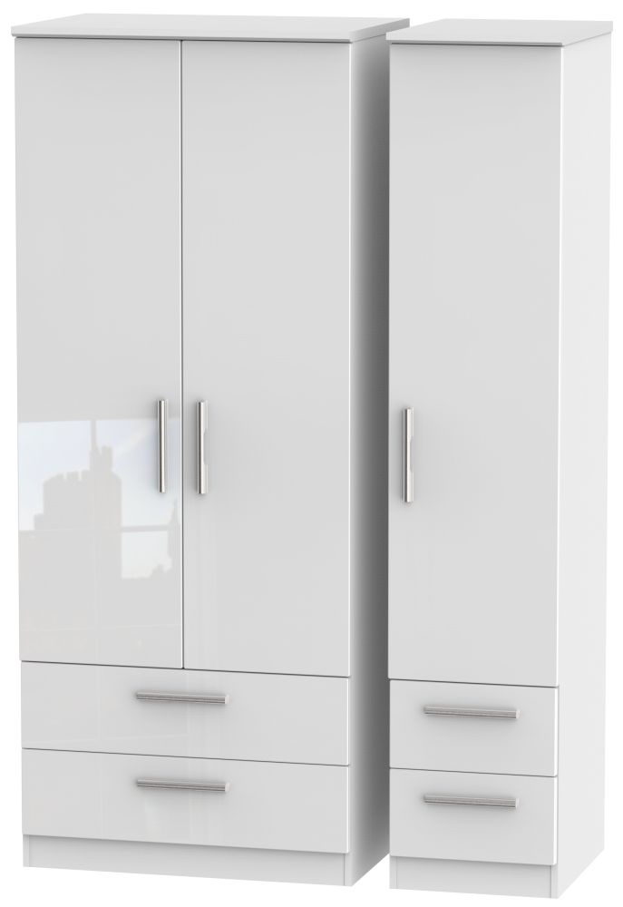 Knightsbridge High Gloss White 3 Door 4 Drawer Wardrobe