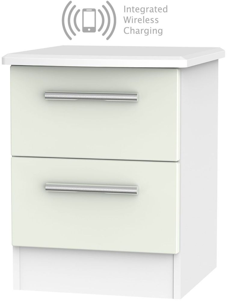 Knightsbridge 2 Drawer Bedside Cabinet With Integrated Wireless Charging Kaschmir Matt And White