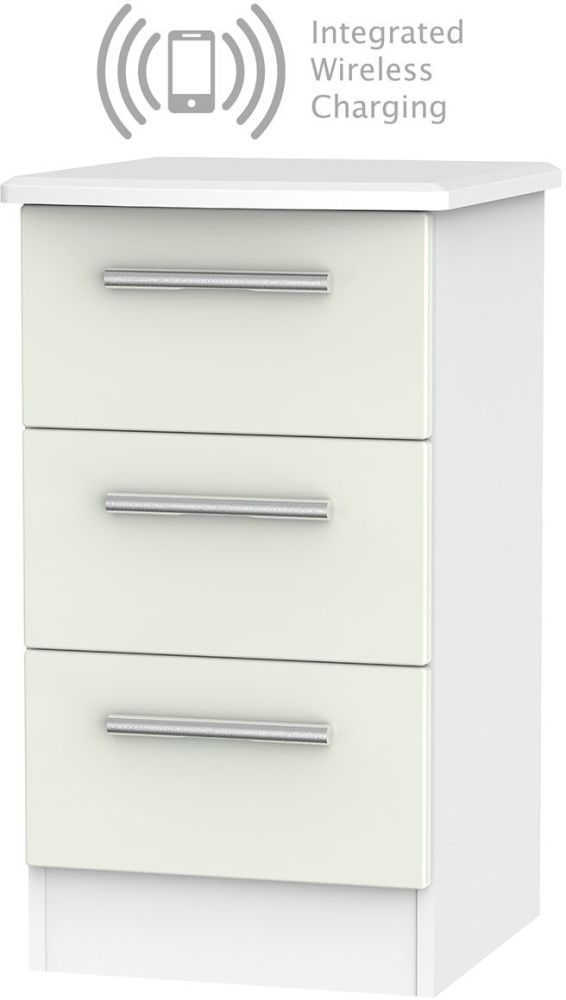 Knightsbridge 3 Drawer Bedside Cabinet With Integrated Wireless Charging Kaschmir Matt And White