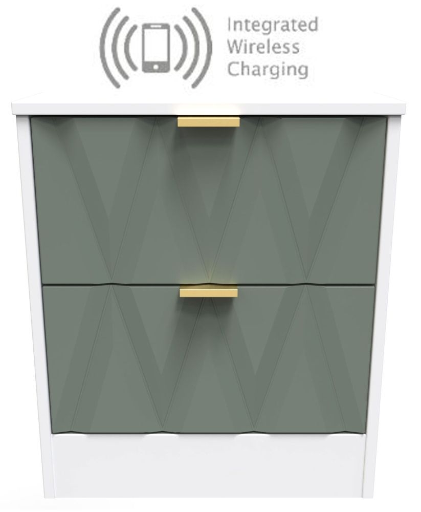 Las Vegas Matt White And Reed Green 2 Drawer Bedside Cabinet With Integrated Wireless Charging