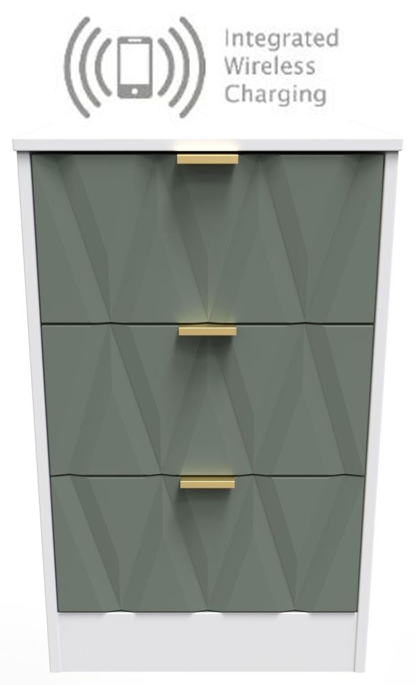 Las Vegas Matt White And Reed Green 3 Drawer Bedside Cabinet With Integrated Wireless Charging