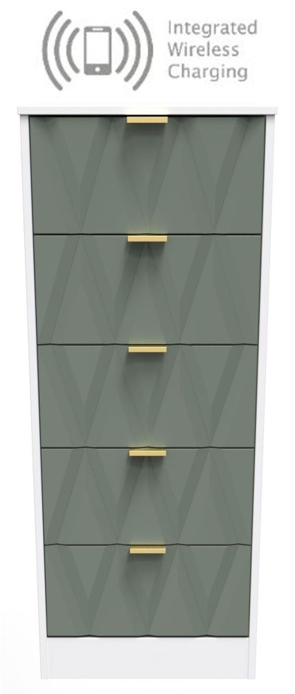 Las Vegas Matt White And Reed Green 5 Drawer Tall Chest With Integrated Wireless Charging