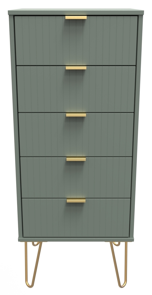 Linear Reed Green 5 Drawer Tall Bedside Cabinet With Hairpin Legs