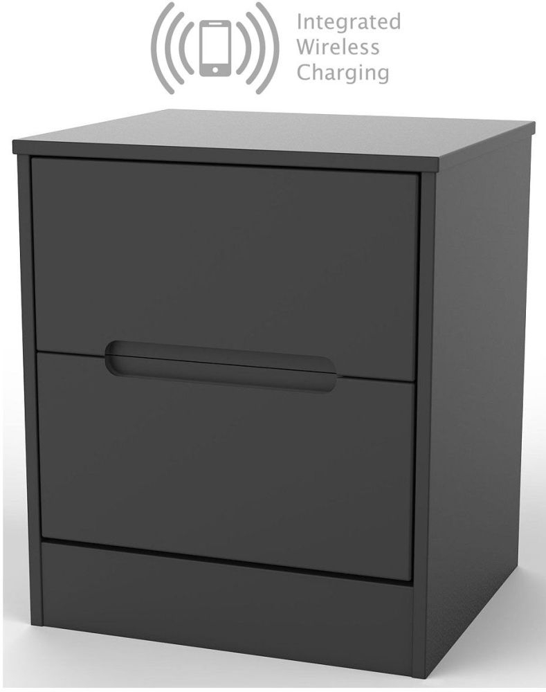 Monaco Black 2 Drawer Bedside Cabinet With Integrated Wireless Charging