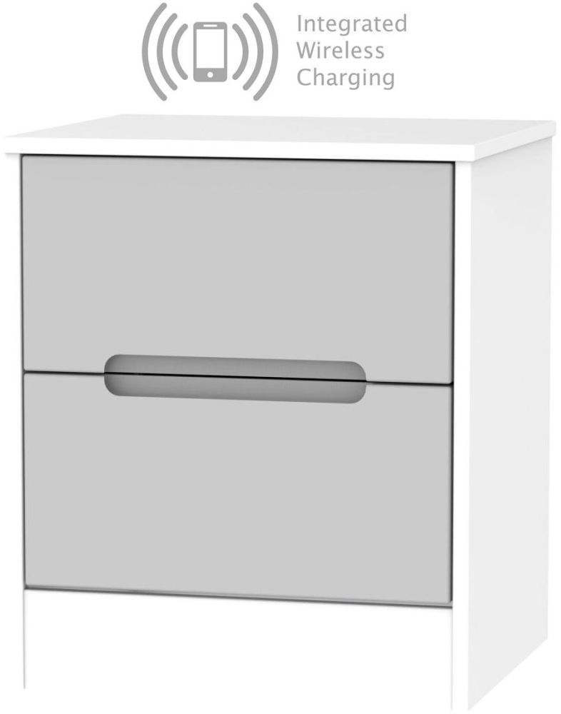 Monaco 2 Drawer Bedside Cabinet With Integrated Wireless Charging Grey Matt And White