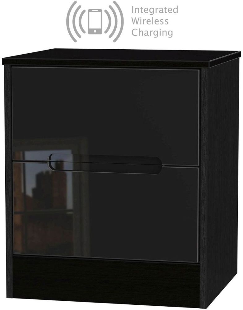 Monaco High Gloss Black 2 Drawer Bedside Cabinet With Integrated Wireless Charging