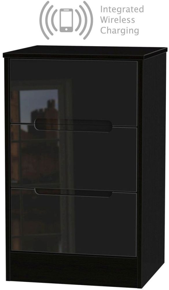 Monaco High Gloss Black 3 Drawer Bedside Cabinet With Integrated Wireless Charging
