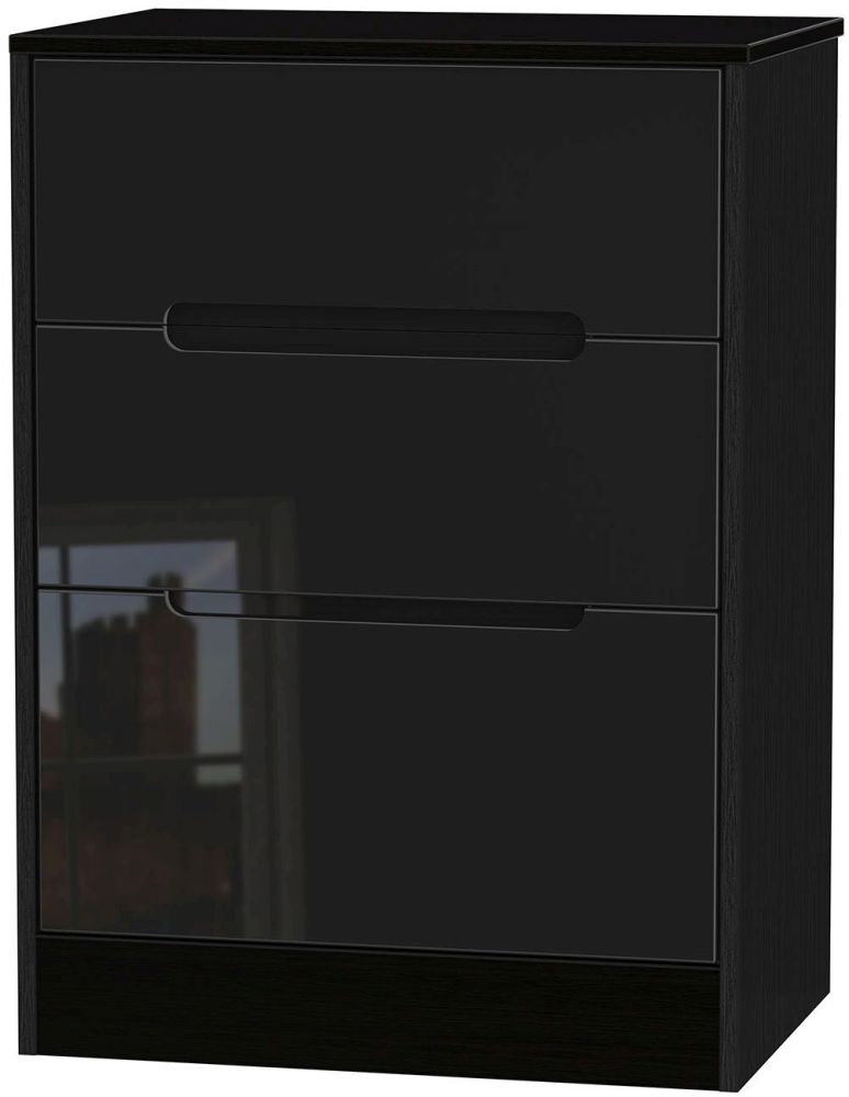 Monaco High Gloss Black 3 Drawer Deep Midi Chest