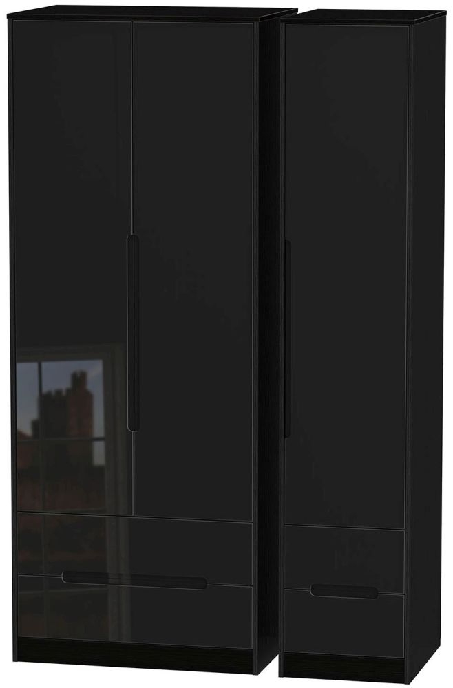 Monaco High Gloss Black 3 Door 4 Drawer Tall Wardrobe