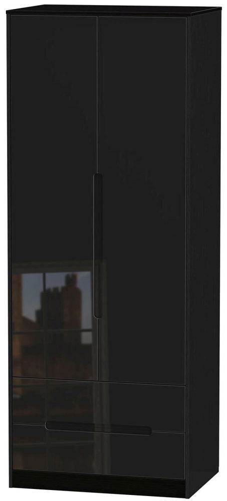 Monaco High Gloss Black 2 Door 2 Drawer Tall Wardrobe