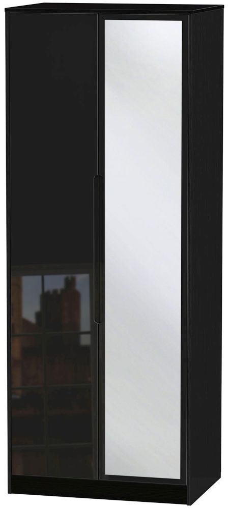Monaco High Gloss Black 2 Door Tall Mirror Wardrobe
