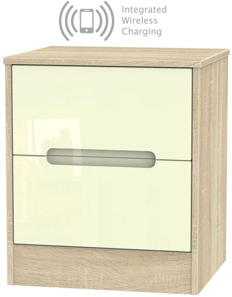 Monaco 2 Drawer Bedside Cabinet With Integrated Wireless Charging High Gloss Cream And Bardolino