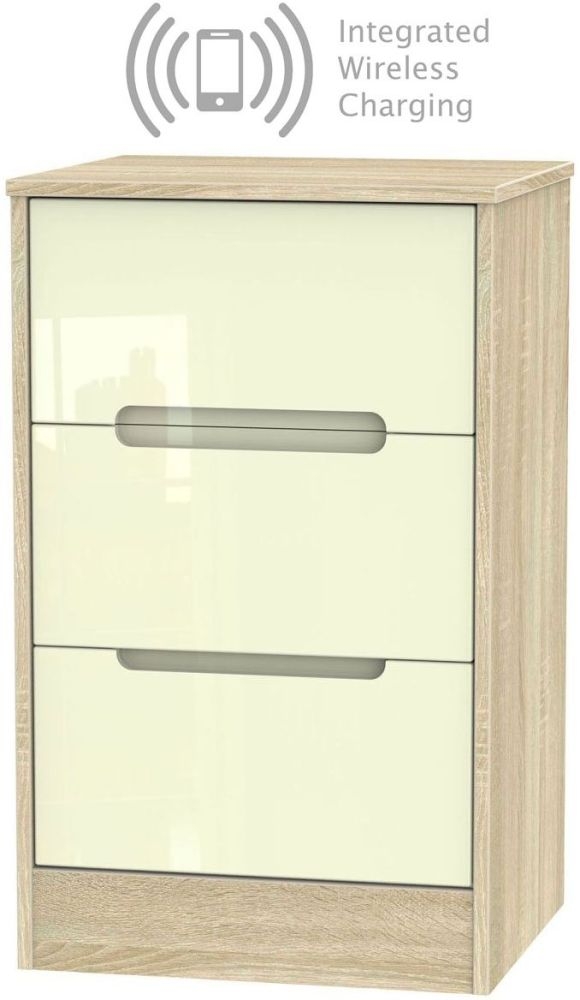 Monaco 3 Drawer Bedside Cabinet With Integrated Wireless Charging High Gloss Cream And Bardolino