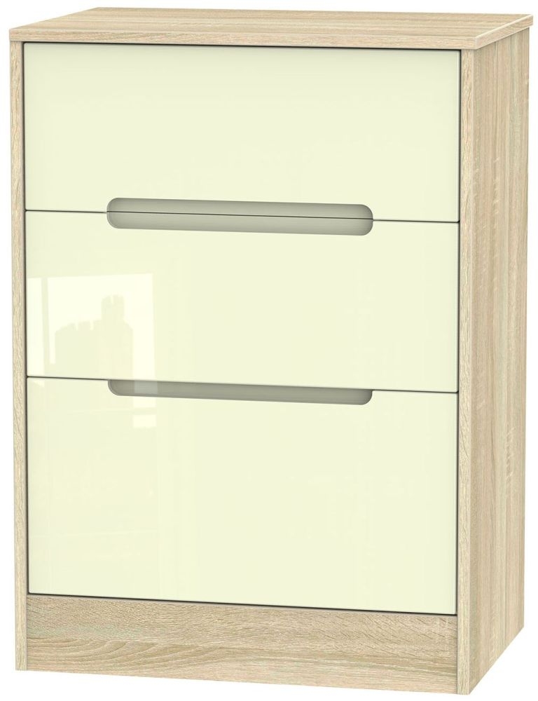 Monaco 3 Drawer Deep Midi Chest High Gloss Cream And Bardolino