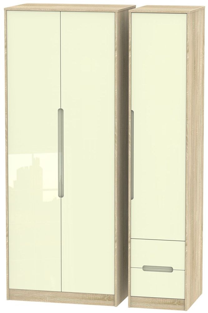 Monaco 3 Door 2 Right Drawer Tall Wardrobe High Gloss Cream And Bardolino