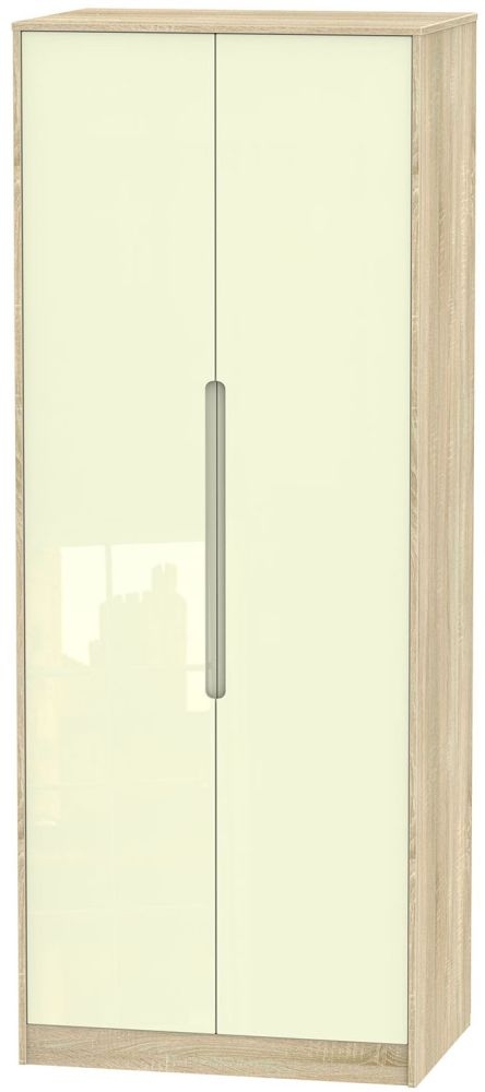 Monaco 2 Door Tall Double Wardrobe High Gloss Cream And Bardolino