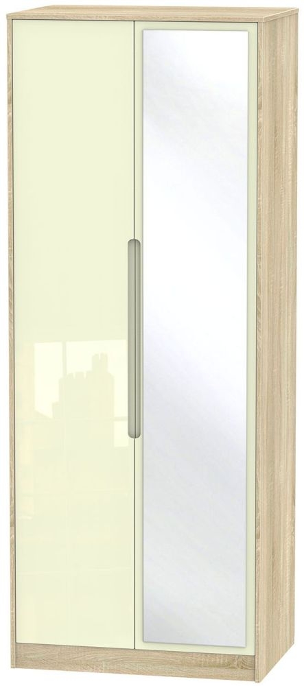 Monaco 2 Door Tall Mirror Wardrobe High Gloss Cream And Bardolino