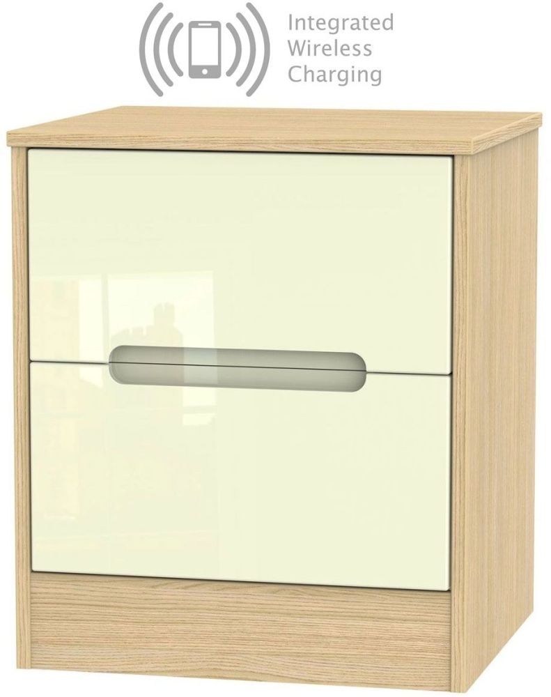 Monaco 2 Drawer Bedside Cabinet With Integrated Wireless Charging High Gloss Cream And Light Oak