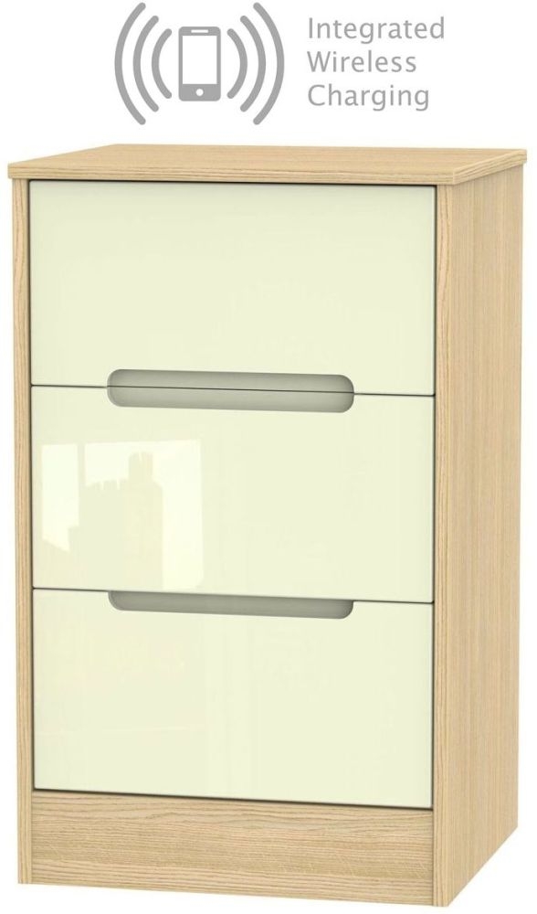 Monaco 3 Drawer Bedside Cabinet With Integrated Wireless Charging High Gloss Cream And Light Oak