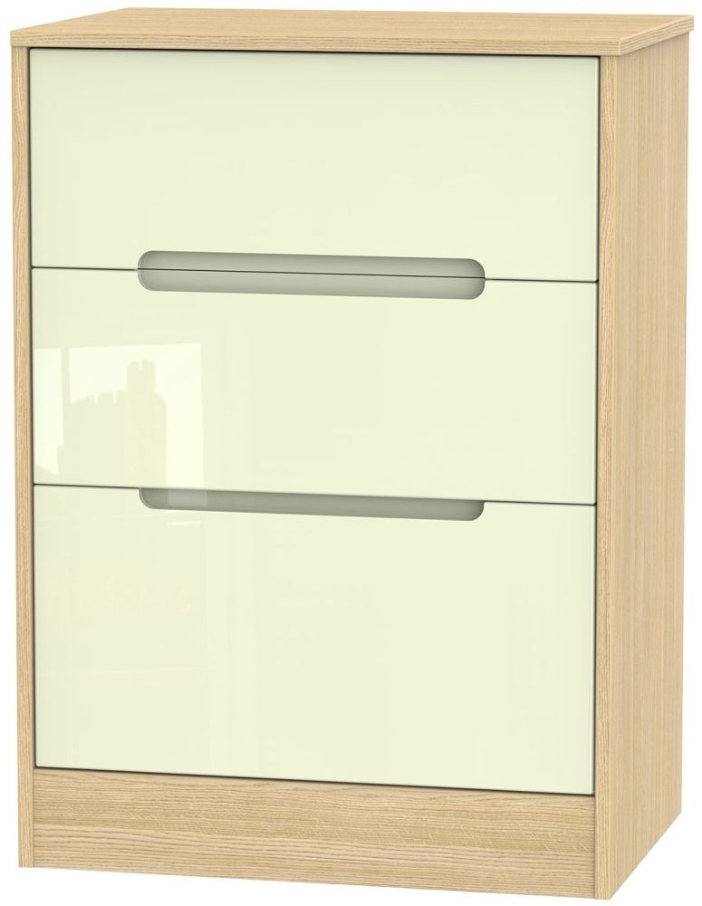 Monaco 3 Drawer Deep Midi Chest High Gloss Cream And Light Oak