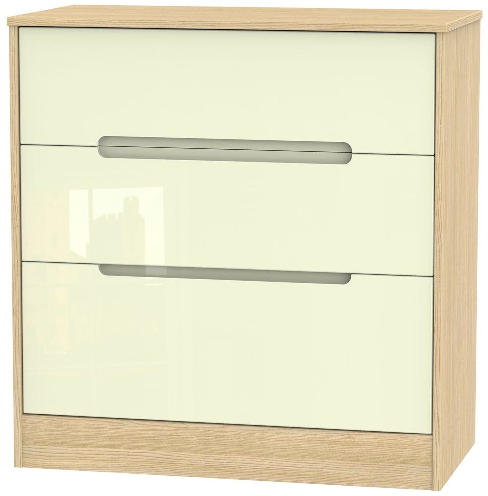 Monaco 3 Drawer Deep Chest High Gloss Cream And Light Oak