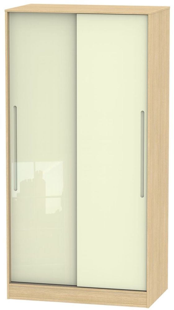 Monaco 2 Door Sliding Wardrobe High Gloss Cream And Light Oak