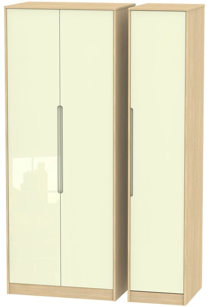 Monaco 3 Door Tall Wardrobe High Gloss Cream And Light Oak