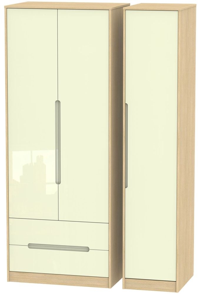 Monaco 3 Door 2 Left Drawer Tall Wardrobe High Gloss Cream And Light Oak