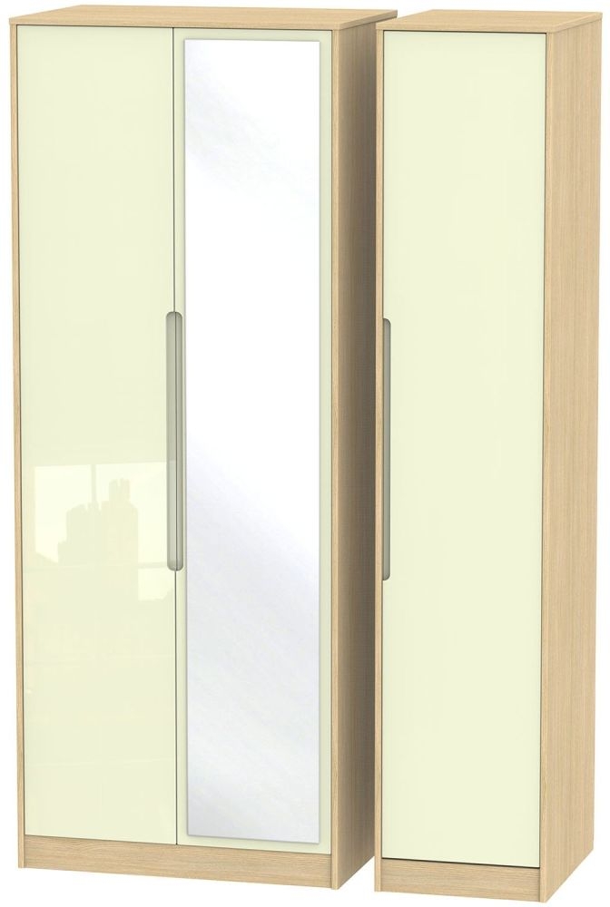 Monaco 3 Door Tall Mirror Wardrobe High Gloss Cream And Light Oak