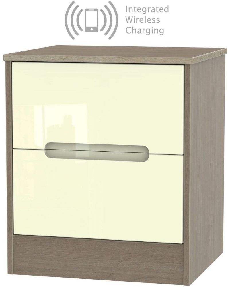 Monaco 2 Drawer Locker Bedside Cabinet With Integrated Wireless Charging High Gloss Cream And Toronto Walnut