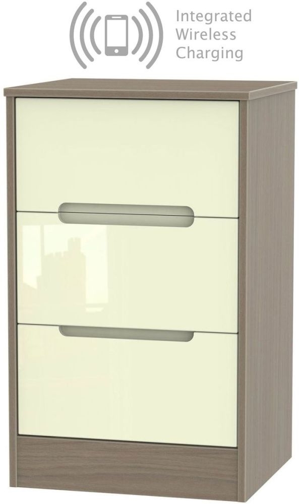 Monaco 3 Drawer Bedside Cabinet With Integrated Wireless Charging High Gloss Cream And Toronto Walnut