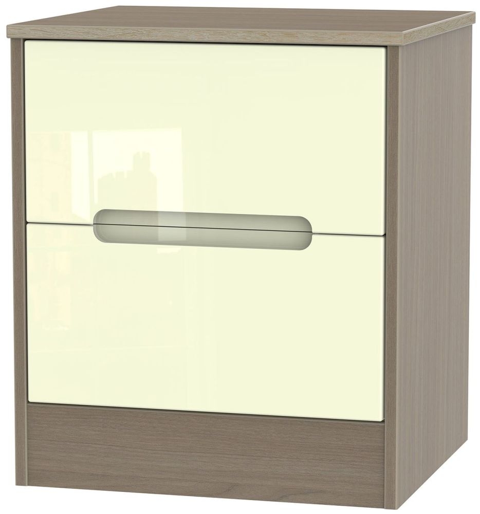 Monaco 2 Drawer Locker Bedside Cabinet High Gloss Cream And Toronto Walnut