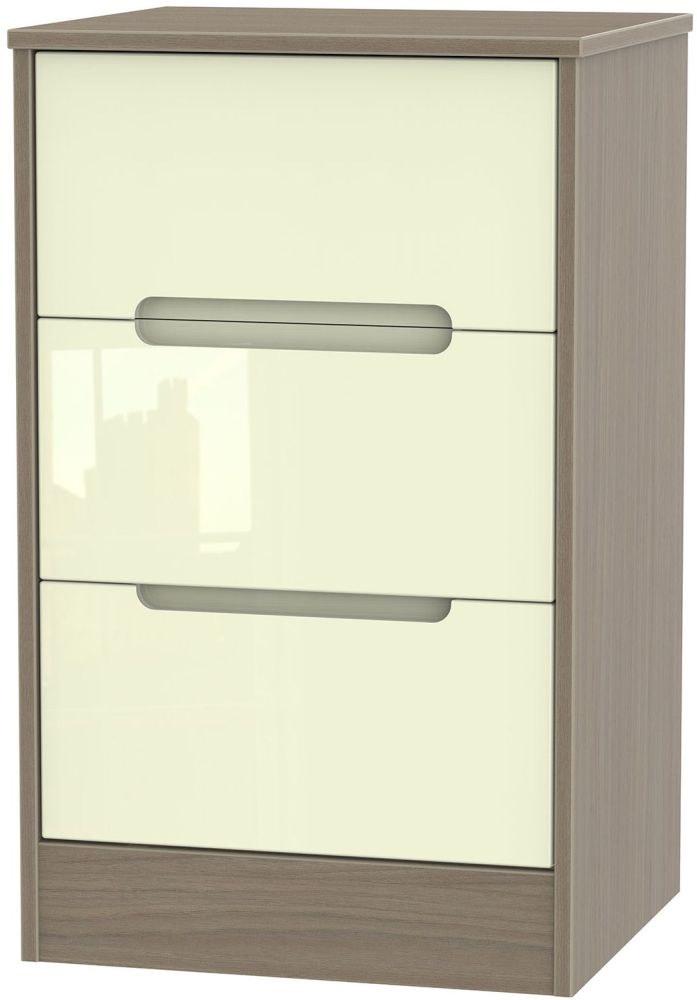 Monaco 3 Drawer Bedside Cabinet High Gloss Cream And Toronto Walnut