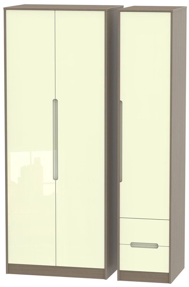 Monaco 3 Door 2 Right Drawer Tall Wardrobe High Gloss Cream And Toronto Walnut