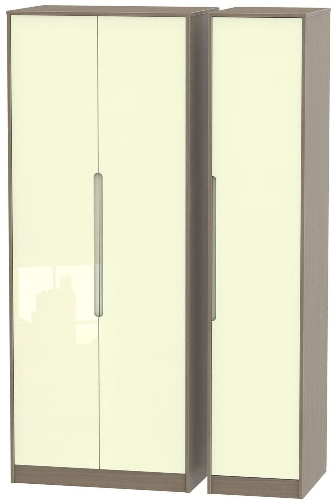 Monaco 3 Door Tall Plain Wardrobe High Gloss Cream And Toronto Walnut