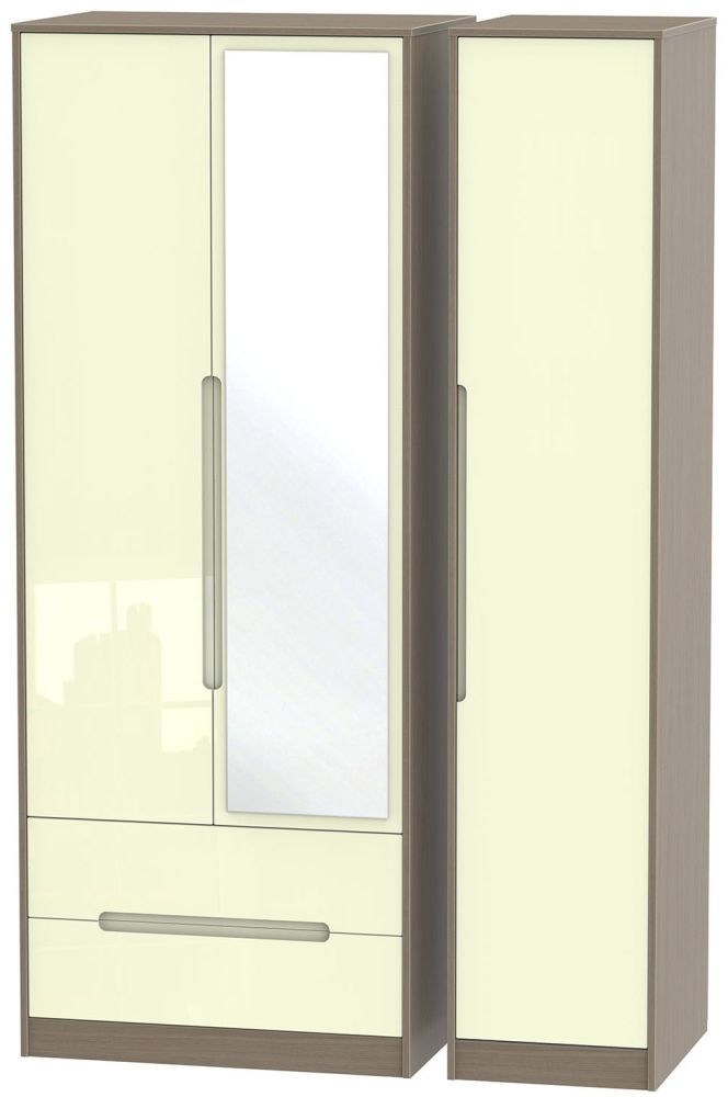 Monaco 3 Door 2 Left Drawer Tall Combi Wardrobe High Gloss Cream And Toronto Walnut