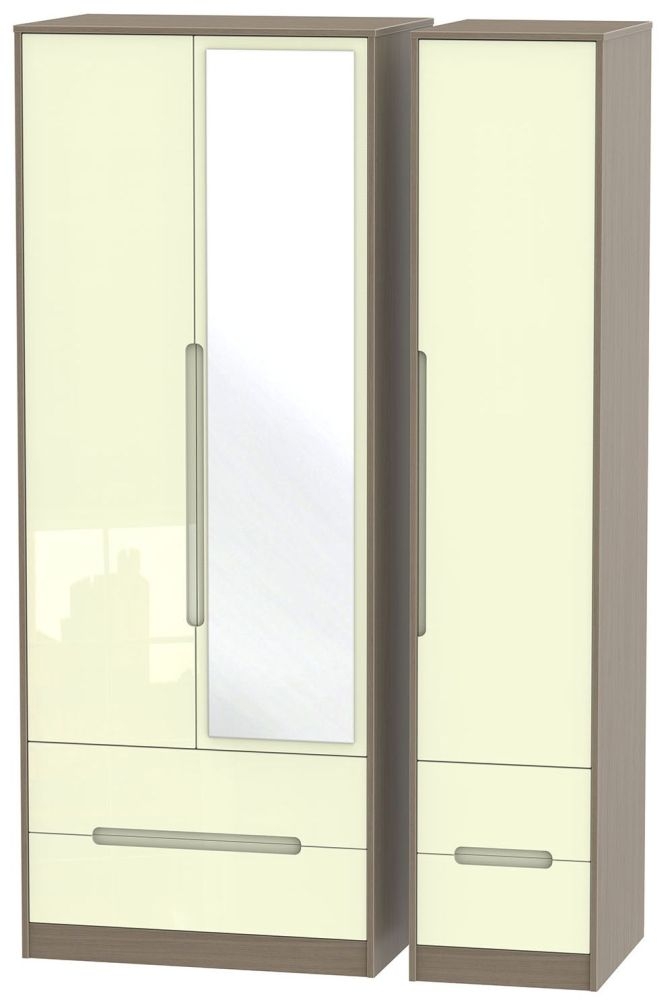 Monaco 3 Door 4 Drawer Tall Mirror Wardrobe High Gloss Cream And Toronto Walnut